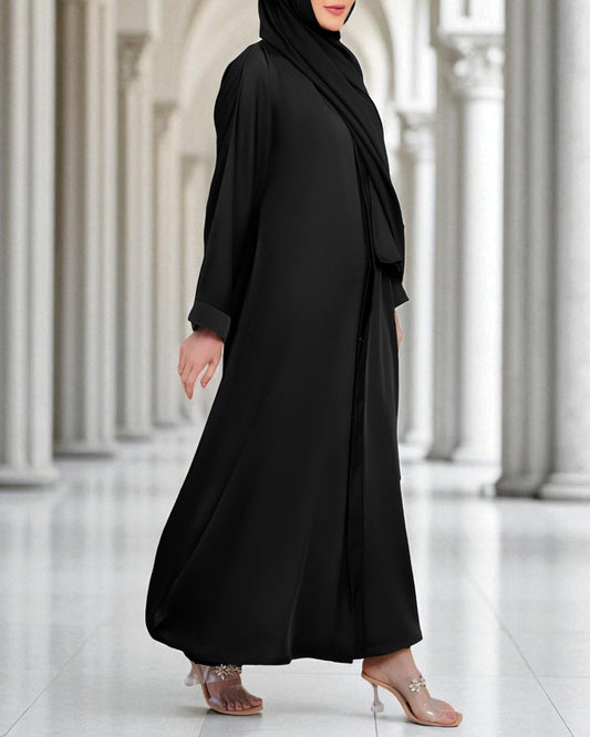 Front Open Burqa in Firdaus Fabric with Wide Sleeves & Minimal Button Closure