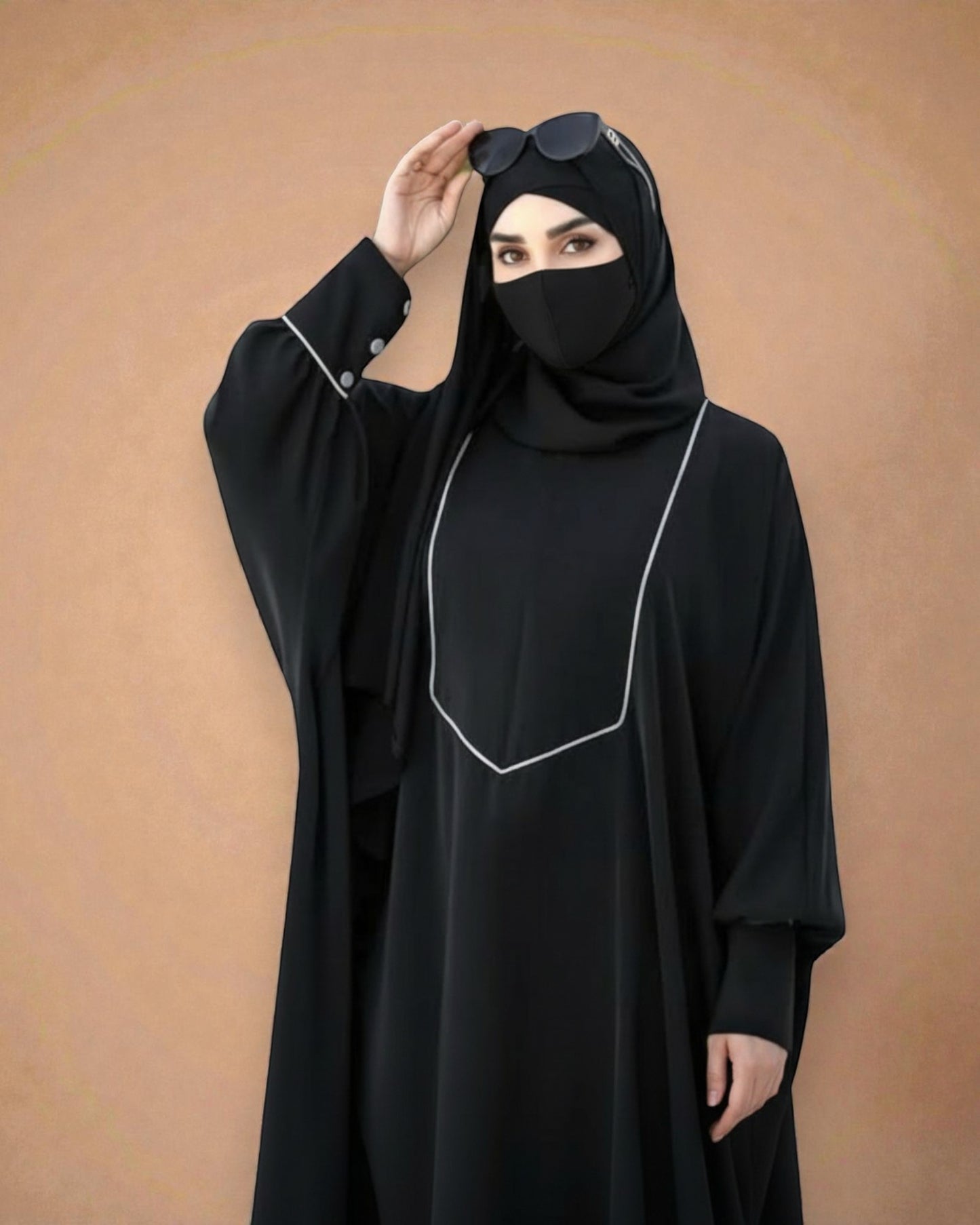 Free Size Kaftan with White Piping, Zipper Opening & Cuffed Sleeves in Premium Fabric, Includes Hijab