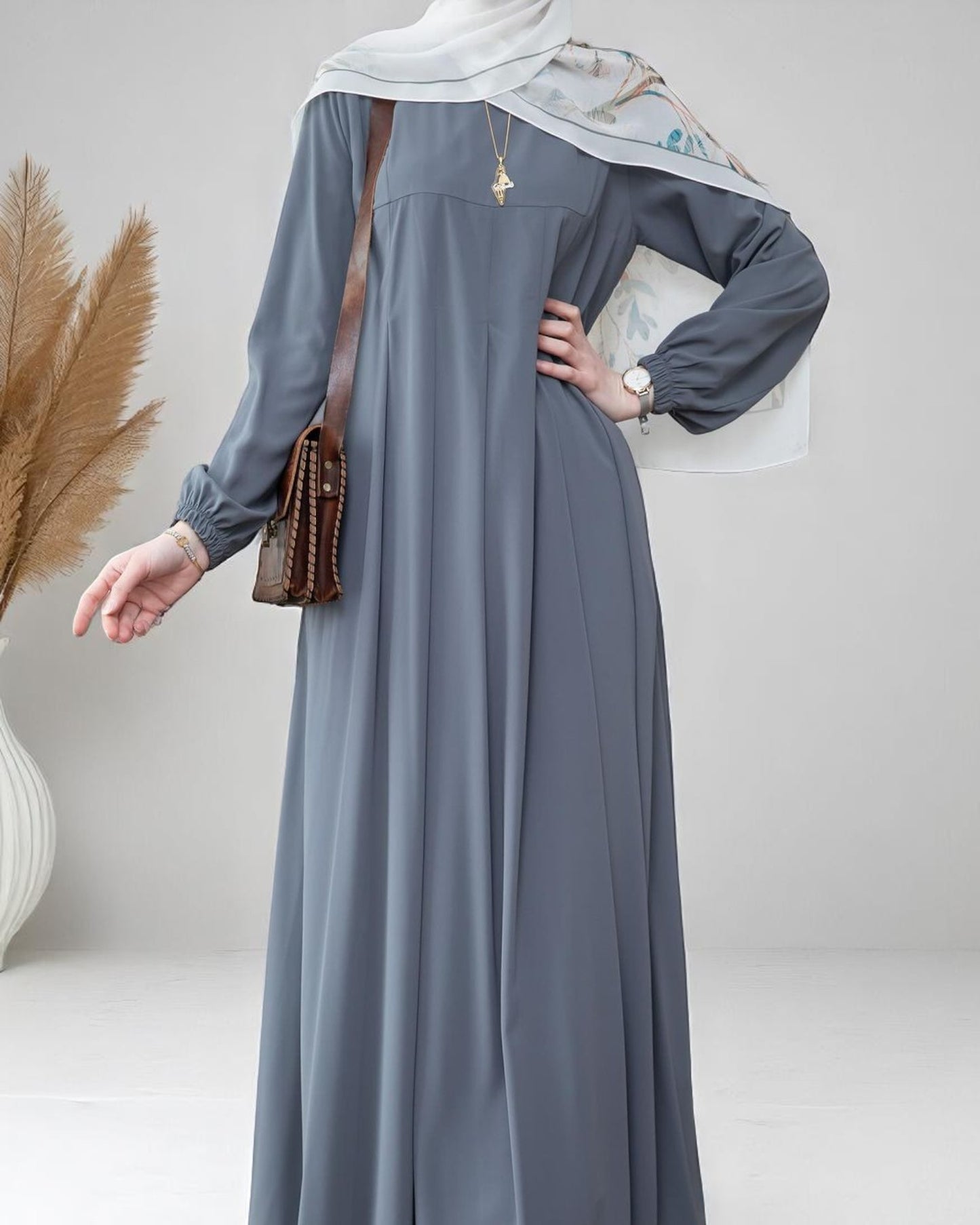 Simple & Elegant Firdaus Fabric Abaya with Pleats, Elasticated Cuffs, and Complimentary Hijab
