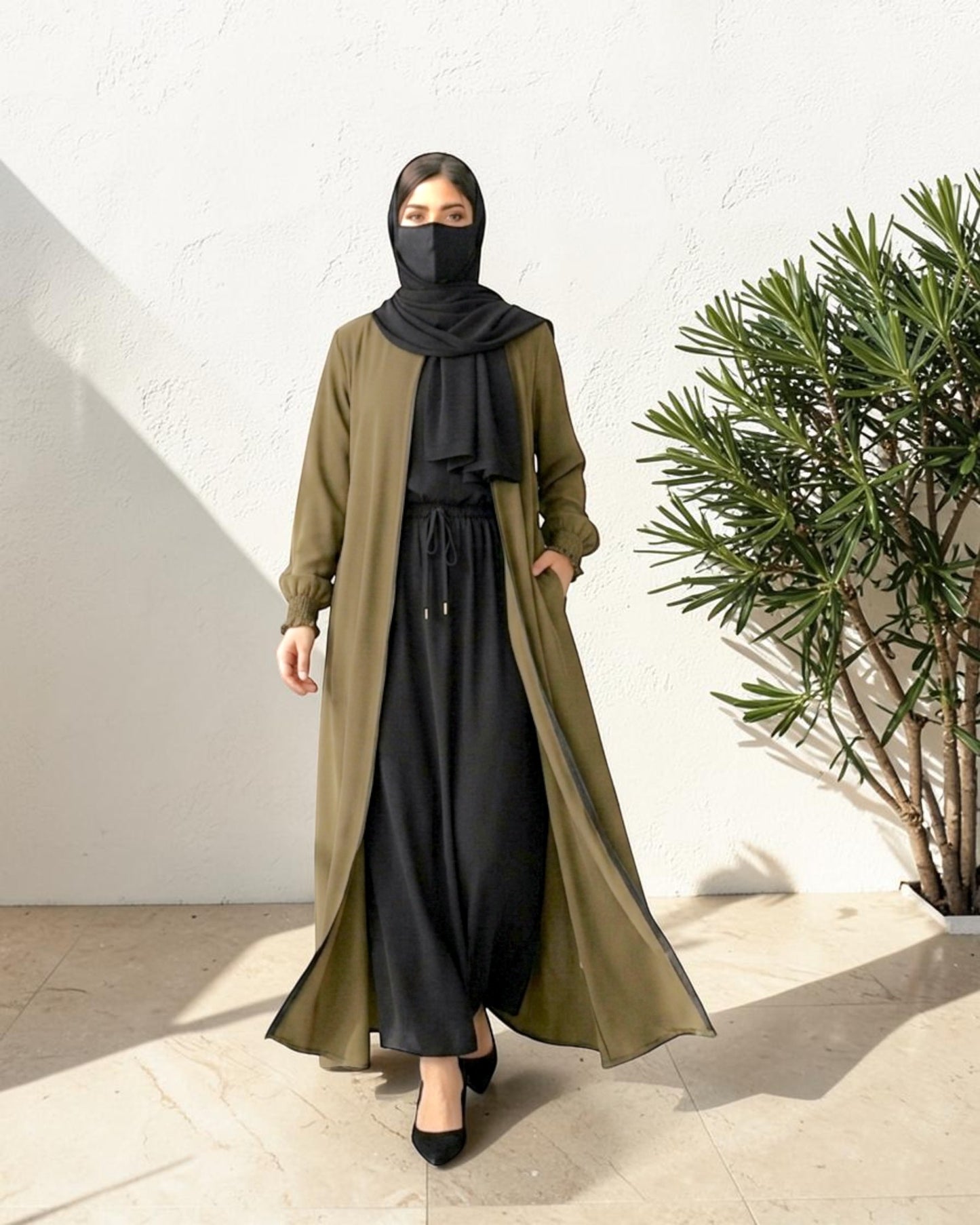 Front Open Abaya with Zipper Opening, Umbrella Flare and Matching Belt