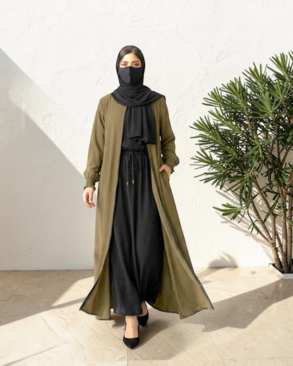Front Open Abaya with Zipper Opening, Umbrella Flare and Matching Belt