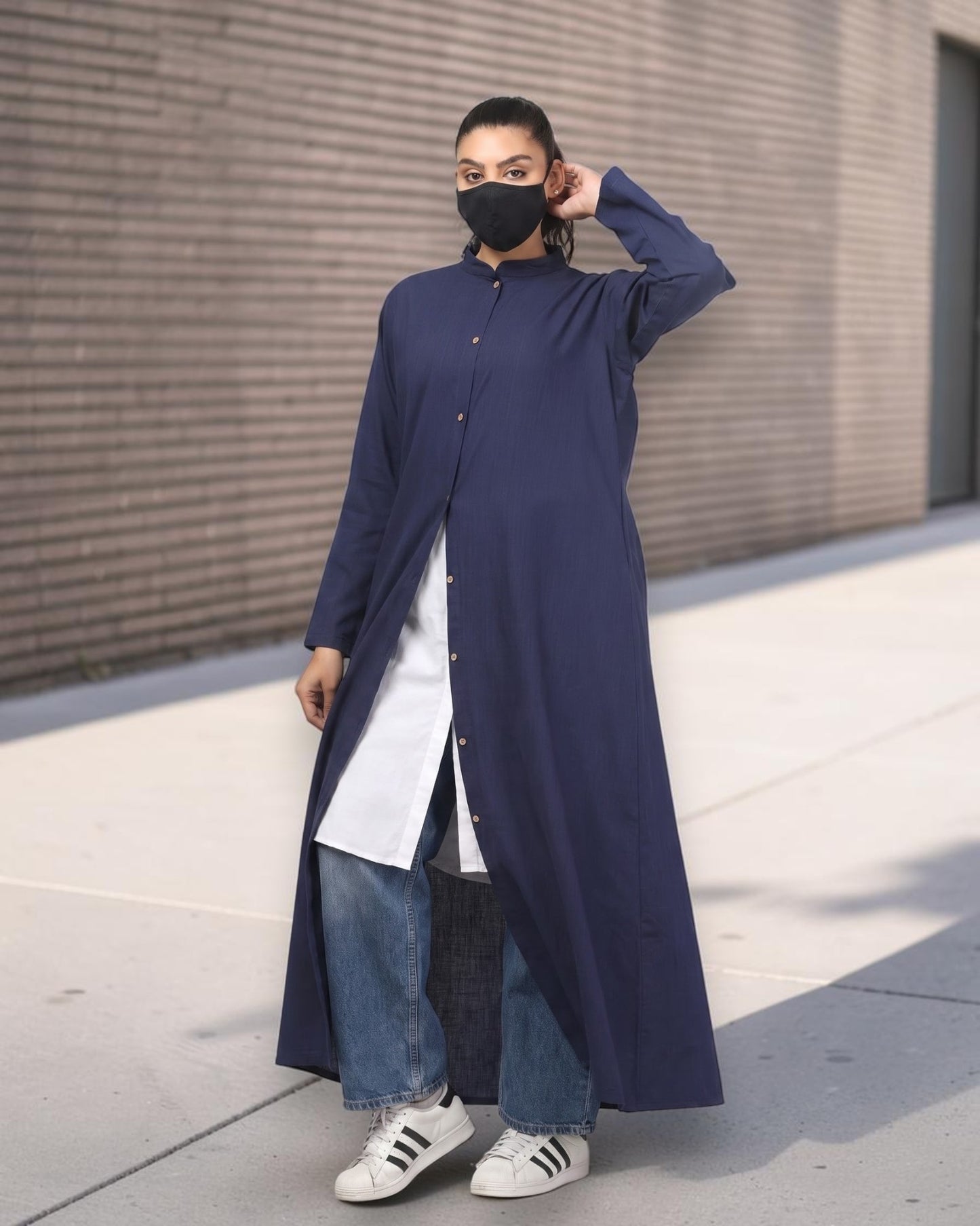 Navy Blue Cotton Front-Open Abaya Shirt with Mandarin Collar