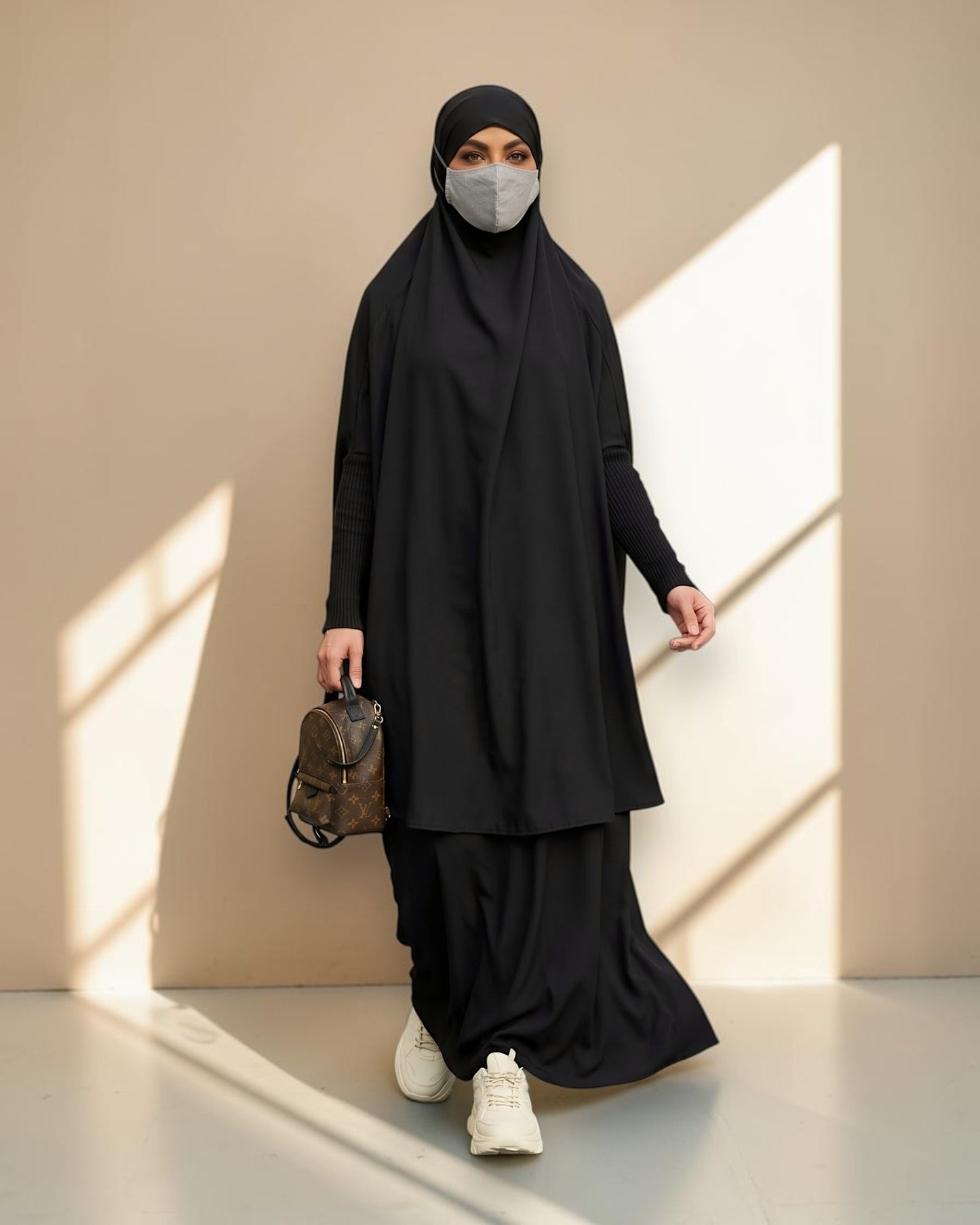 Elegant Two Piece Jilbab Set in Flow Crepe Fabric with Flared Skirt and Full Size Khimar