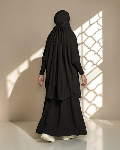 Elegant Two Piece Jilbab Set in Flow Crepe Fabric with Flared Skirt and Full Size Khimar