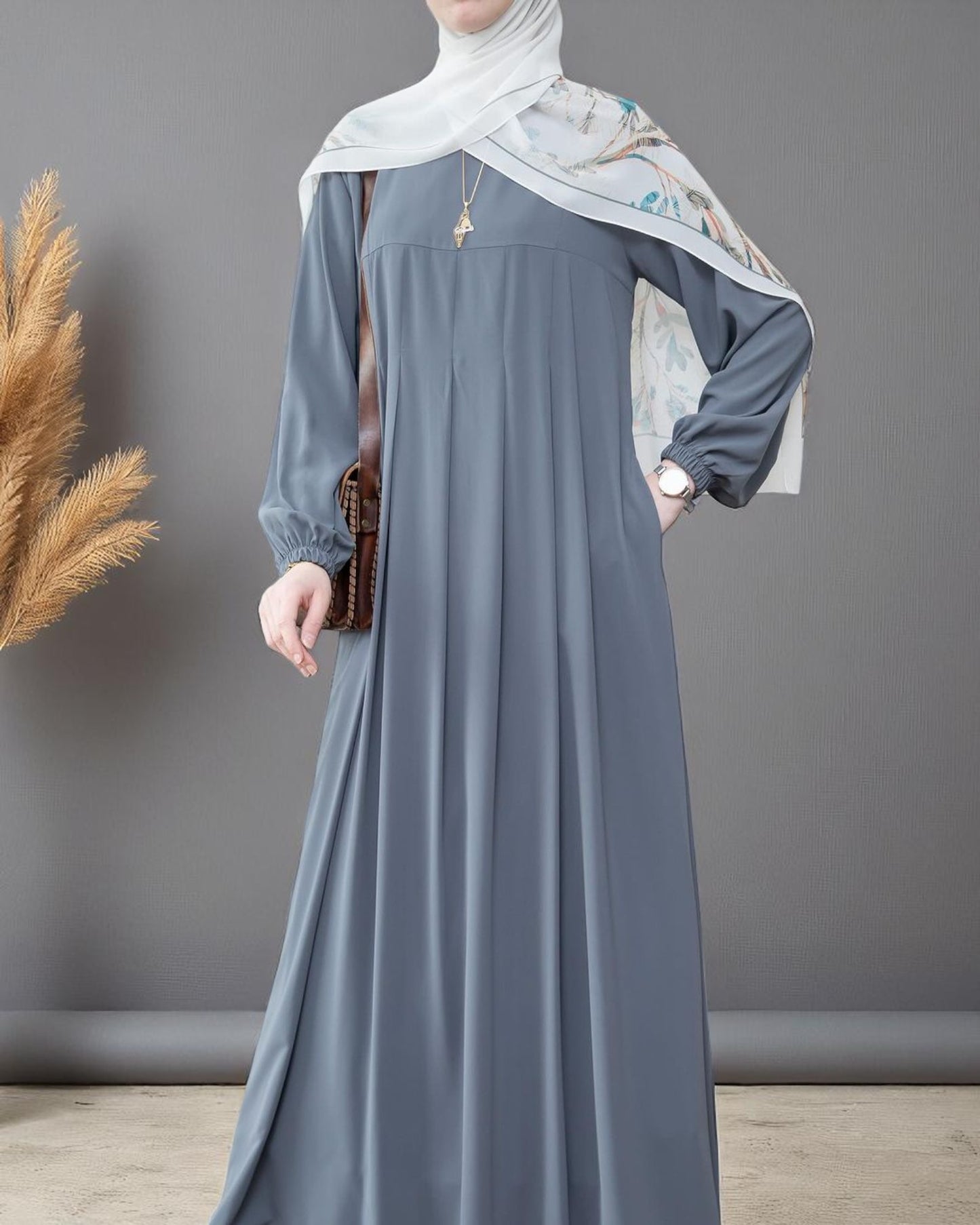 Simple & Elegant Firdaus Fabric Abaya with Pleats, Elasticated Cuffs, and Complimentary Hijab