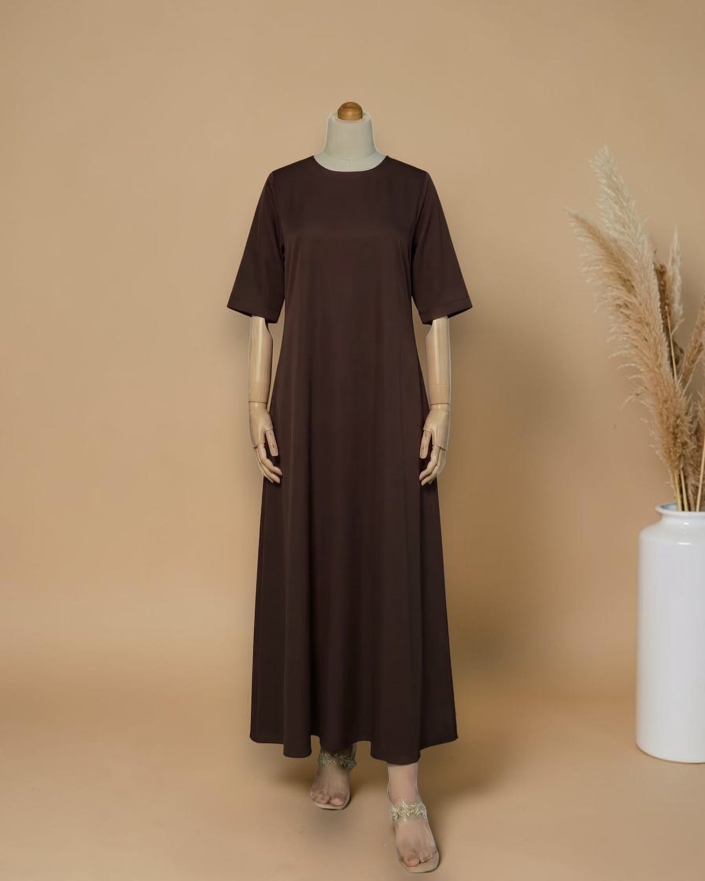 Half Sleeves Inner Abaya in Flow Crepe Fabric with Back Keyhole | Brown