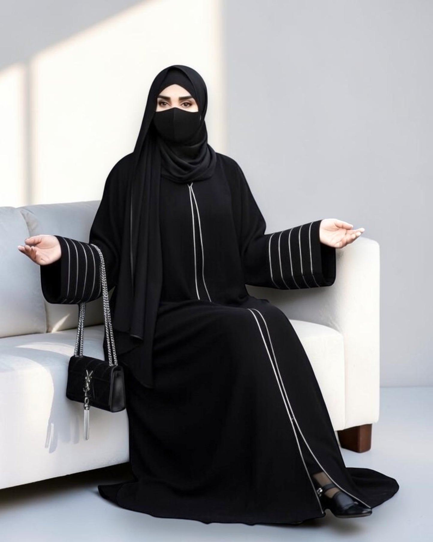 Designer Black Front-Open Abaya with Contrast Piping and Pockets