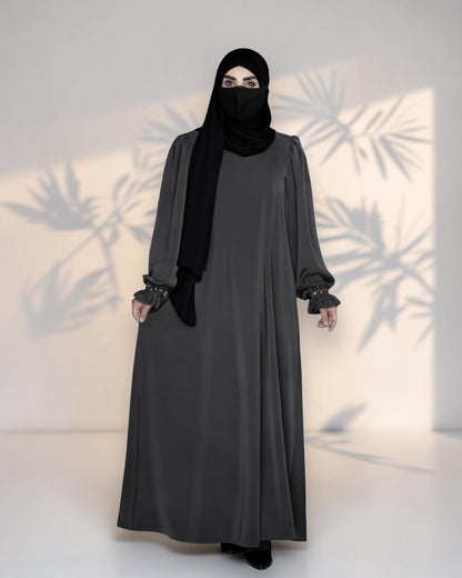 Mahram Charcoal Grey Closed Abaya with Ruffled Beaded Sleeves and Pockets