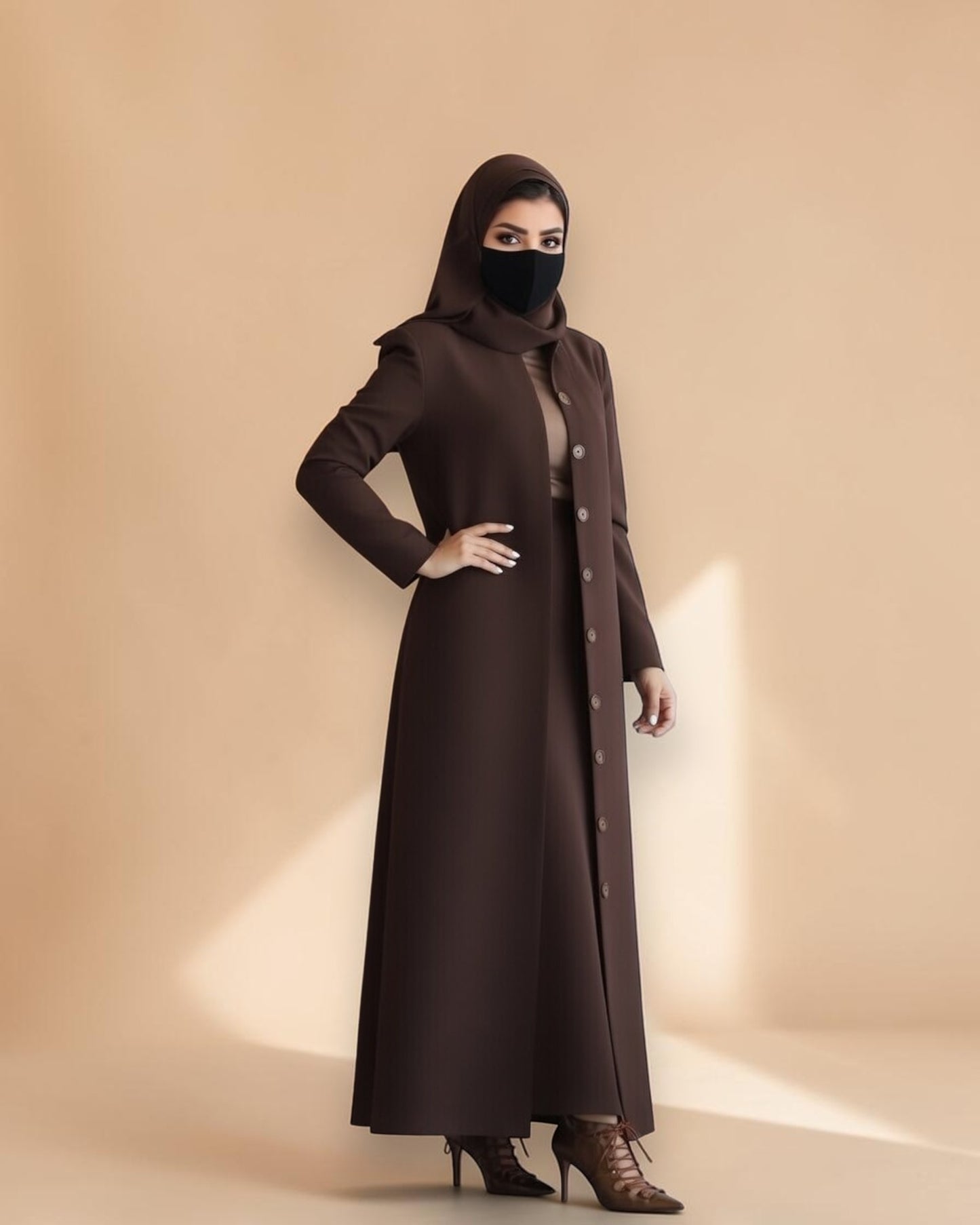 Mahram Brown Flow Crepe Coat-Style Abaya without Lining
