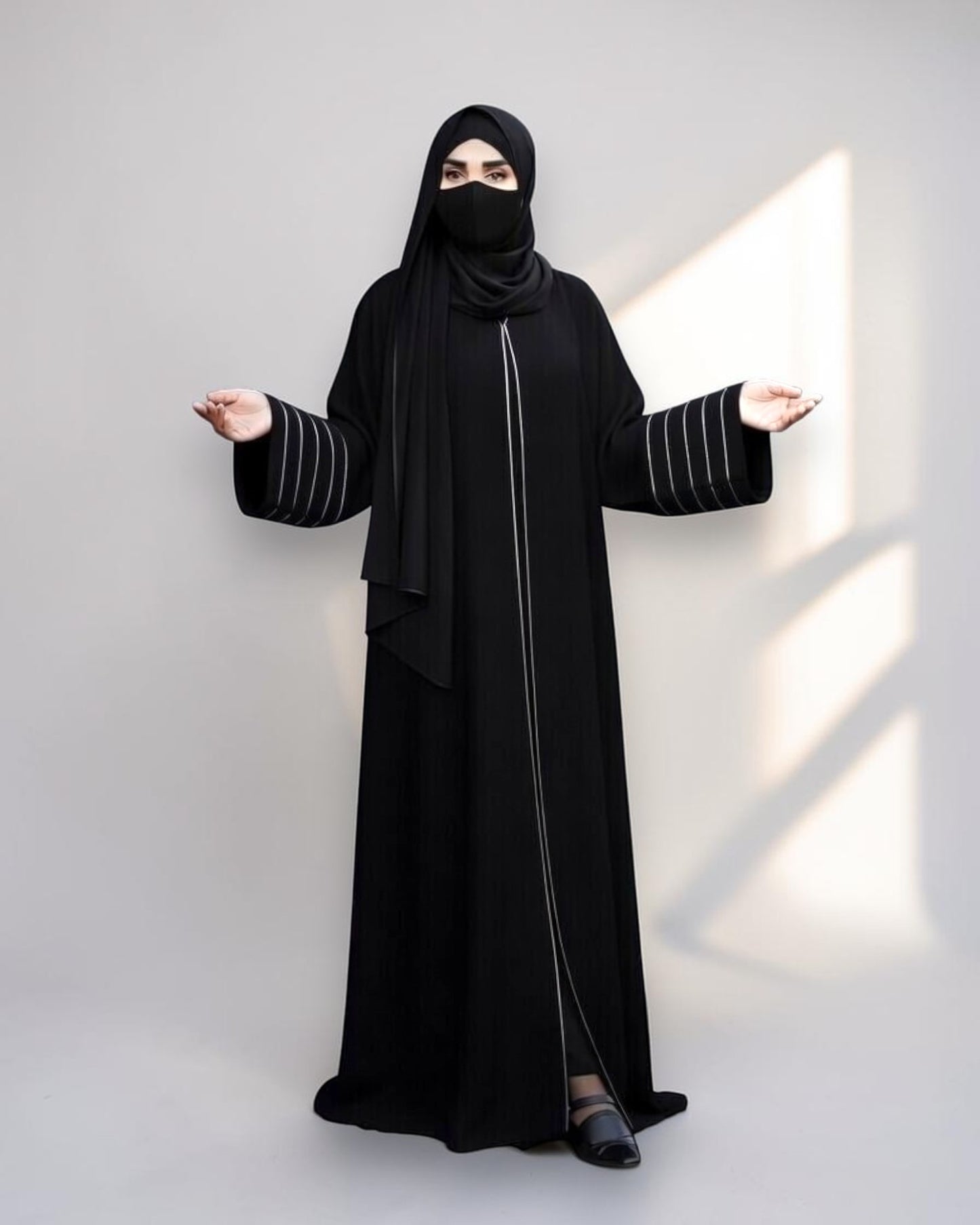 Designer Black Front-Open Abaya with Contrast Piping and Pockets