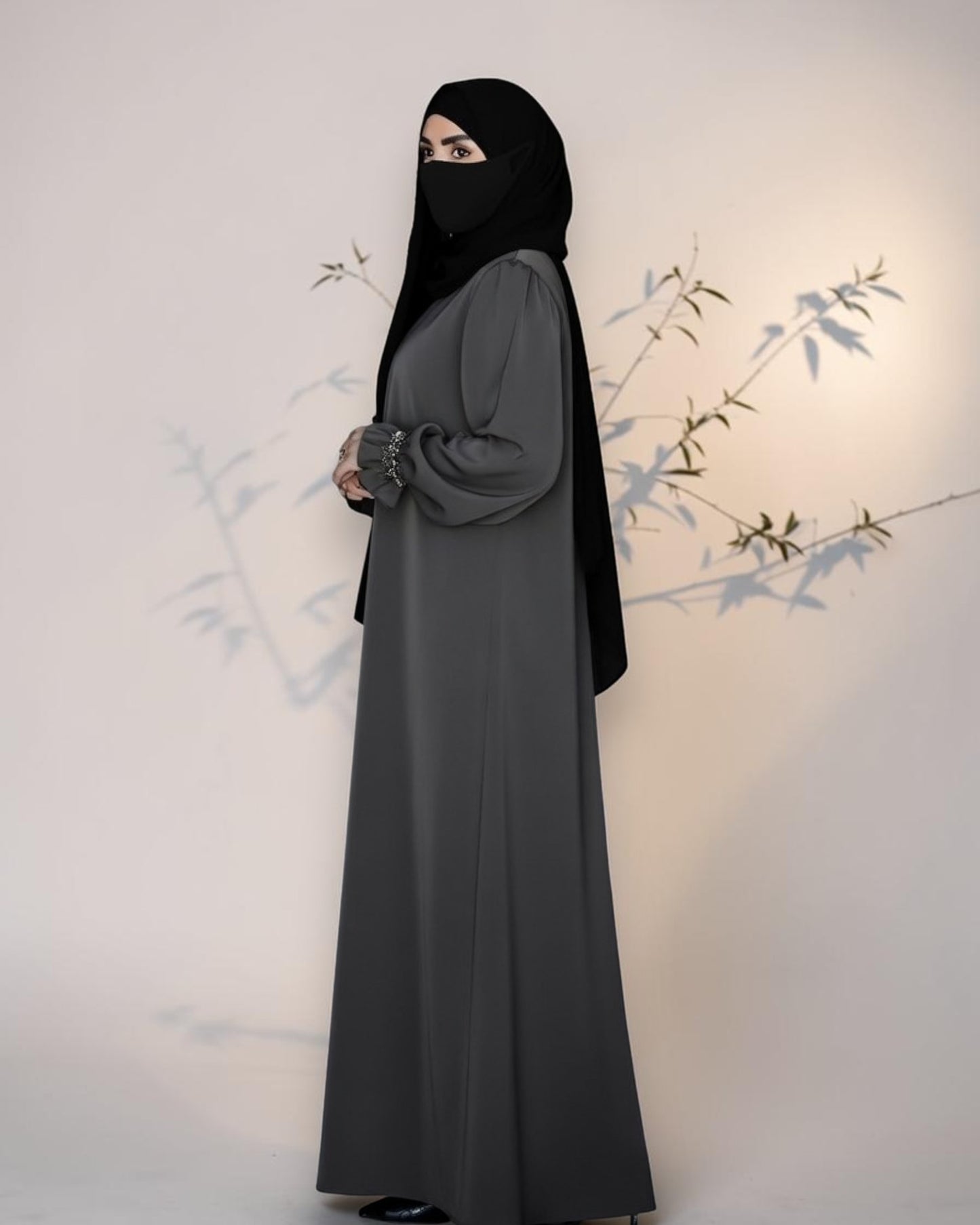Mahram Charcoal Grey Closed Abaya with Ruffled Beaded Sleeves and Pockets
