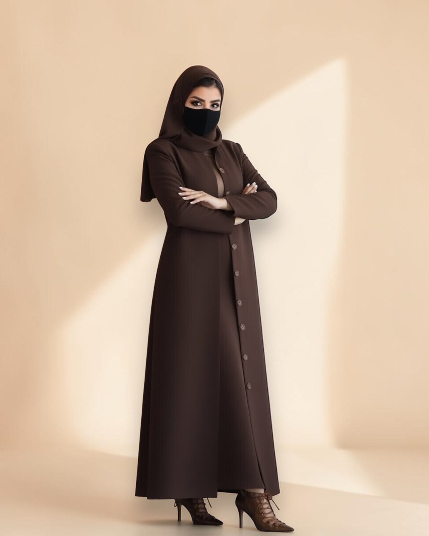 Mahram Brown Flow Crepe Coat-Style Abaya without Lining