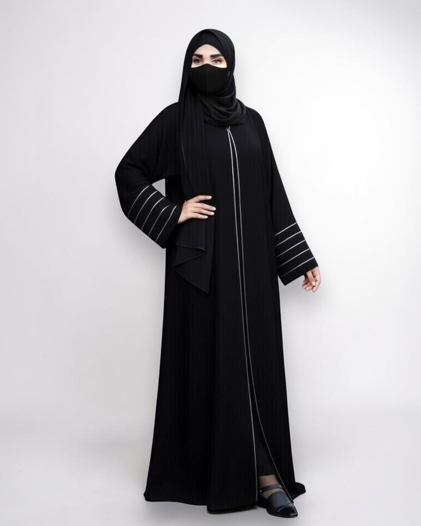 Designer Black Front-Open Abaya with Contrast Piping and Pockets