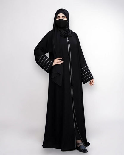 Designer Black Front-Open Abaya with Contrast Piping and Pockets