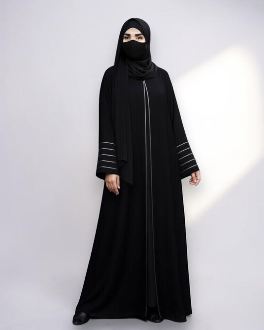 Designer Black Front-Open Abaya with Contrast Piping and Pockets