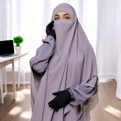 Bashariya Stone Grey  Color Three-Layer Triangular Long Prayer Khimar Hijab with Attached Mouthpiece|Short Jilbab | Ready-to-Wear with Tie-Back Design in Georgette Fabric