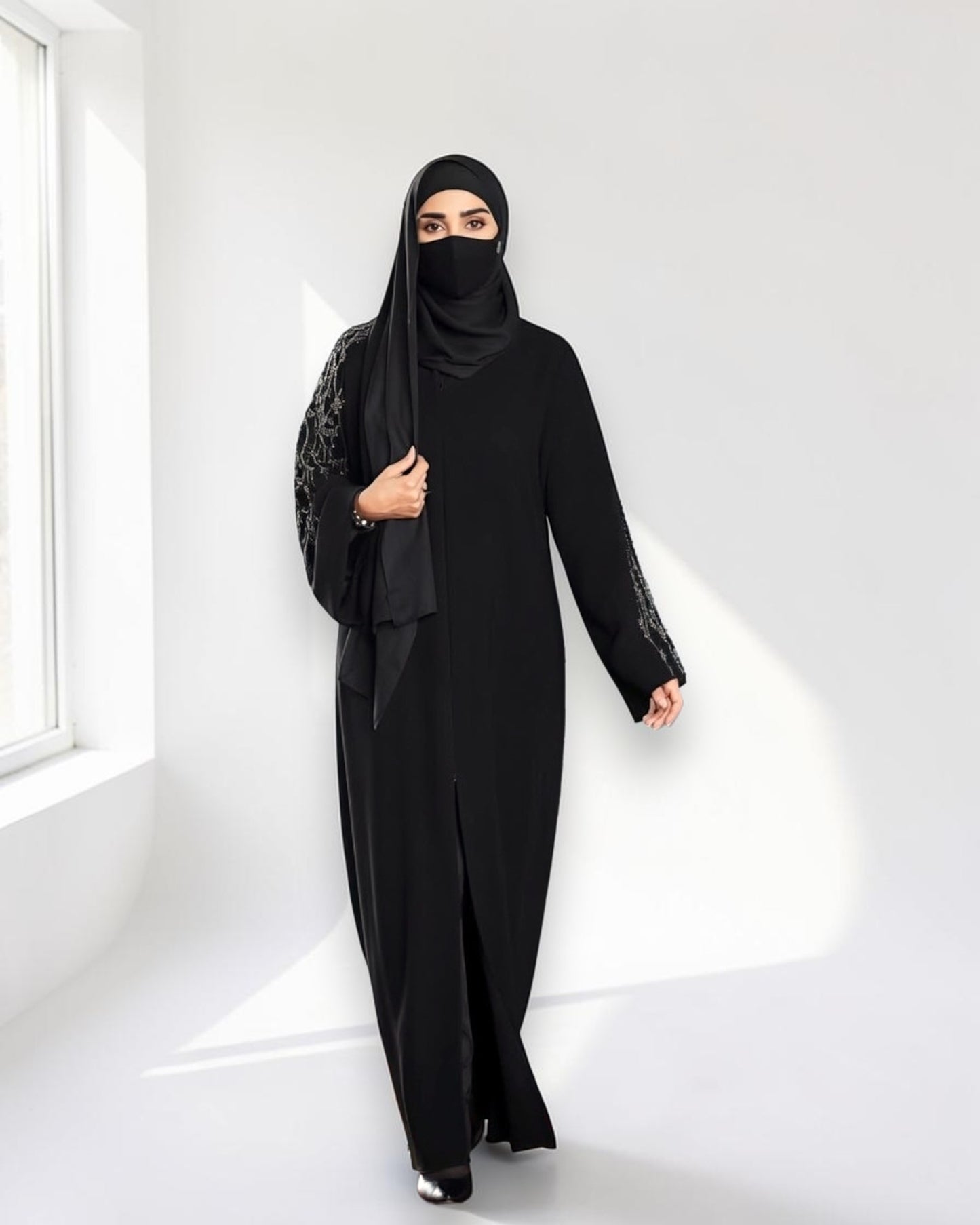 Mahram Black Party Wear Abaya with Handwork