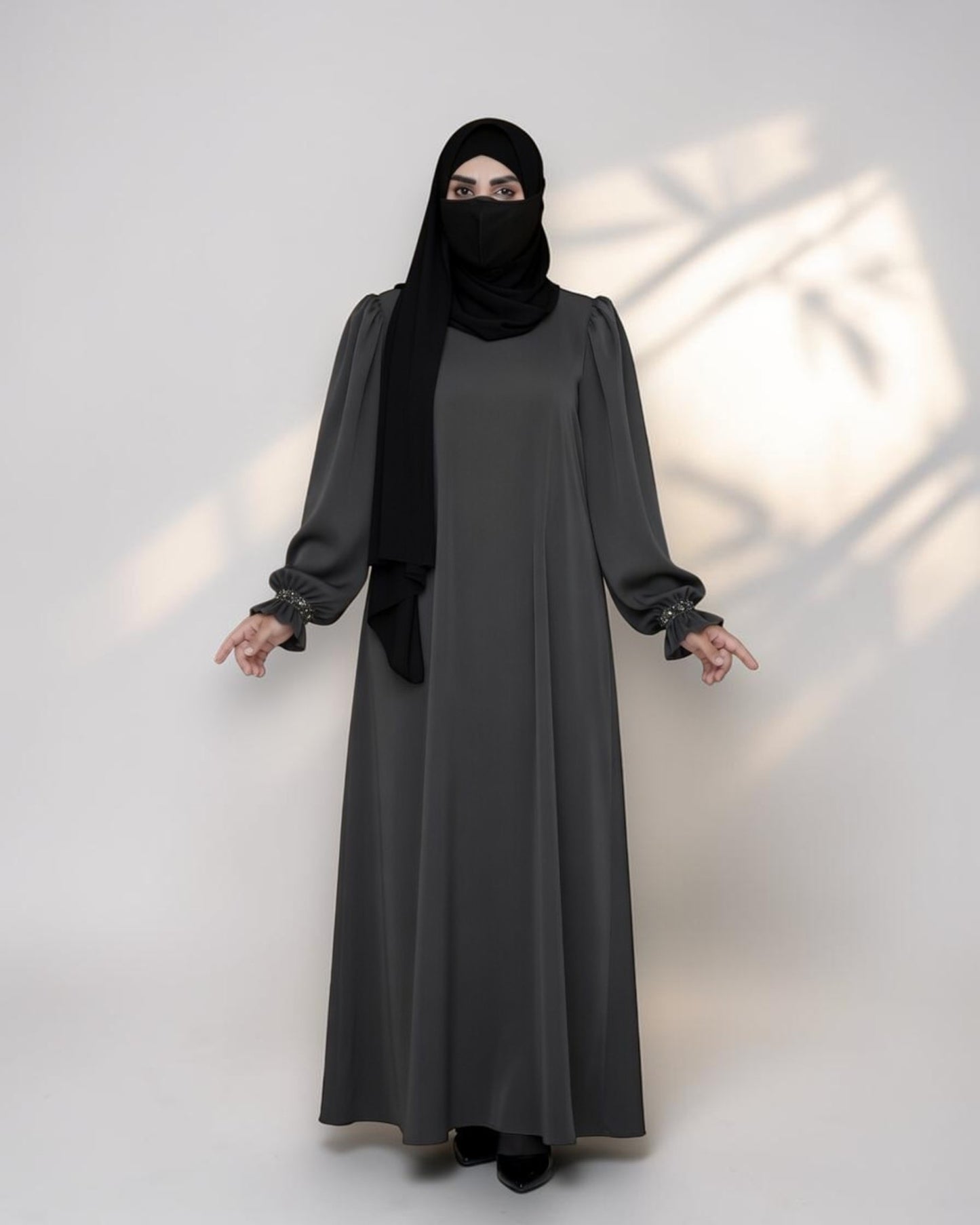 Mahram Charcoal Grey Closed Abaya with Ruffled Beaded Sleeves and Pockets
