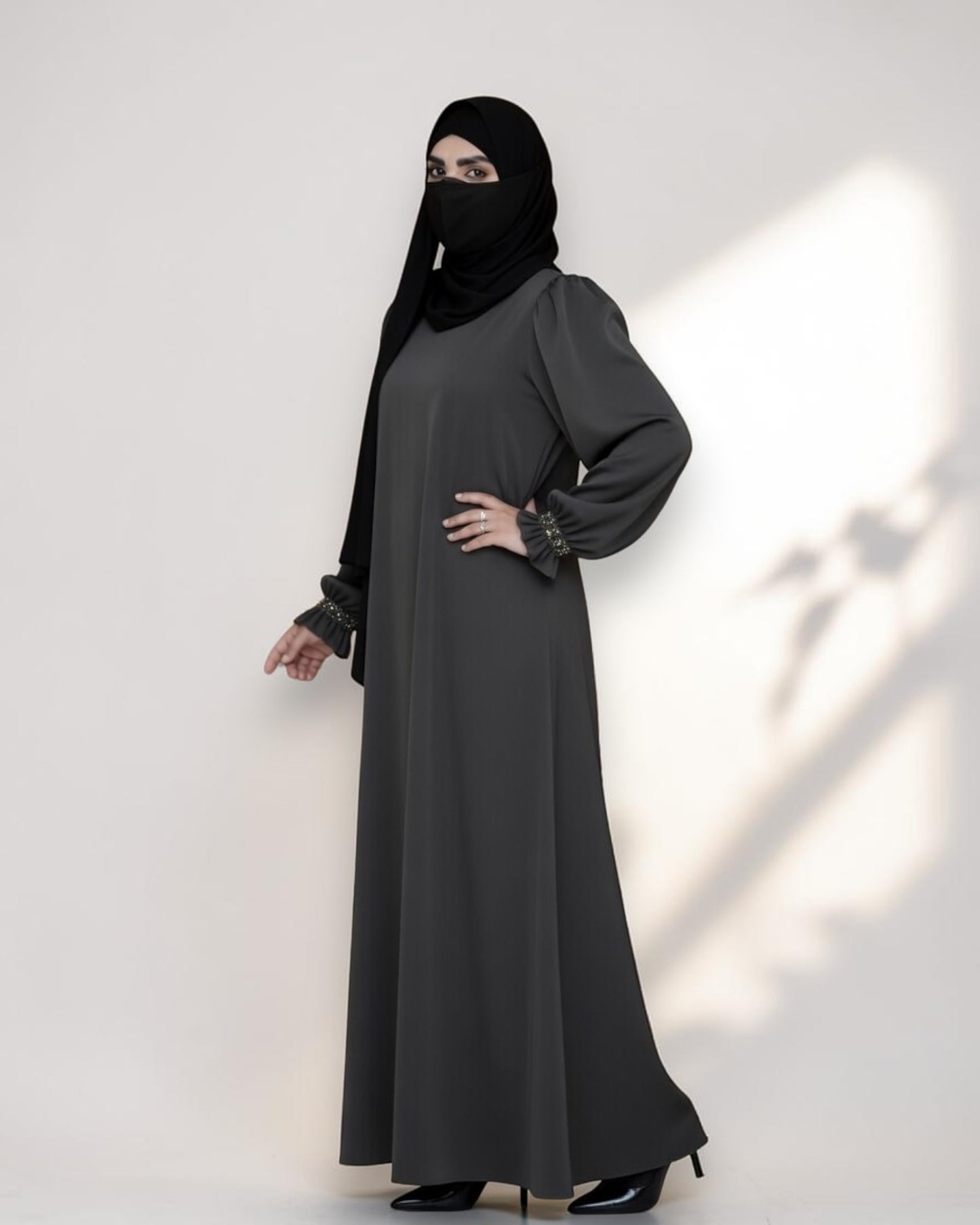 Mahram Charcoal Grey Closed Abaya with Ruffled Beaded Sleeves and Pockets