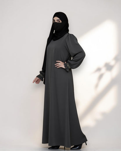 Mahram Charcoal Grey Closed Abaya with Ruffled Beaded Sleeves and Pockets