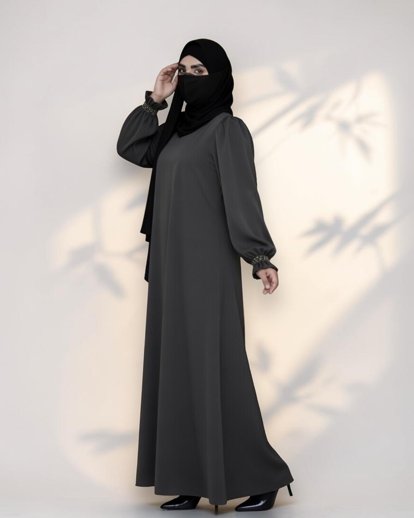 Mahram Charcoal Grey Closed Abaya with Ruffled Beaded Sleeves and Pockets