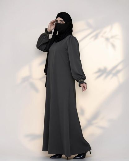 Mahram Charcoal Grey Closed Abaya with Ruffled Beaded Sleeves and Pockets