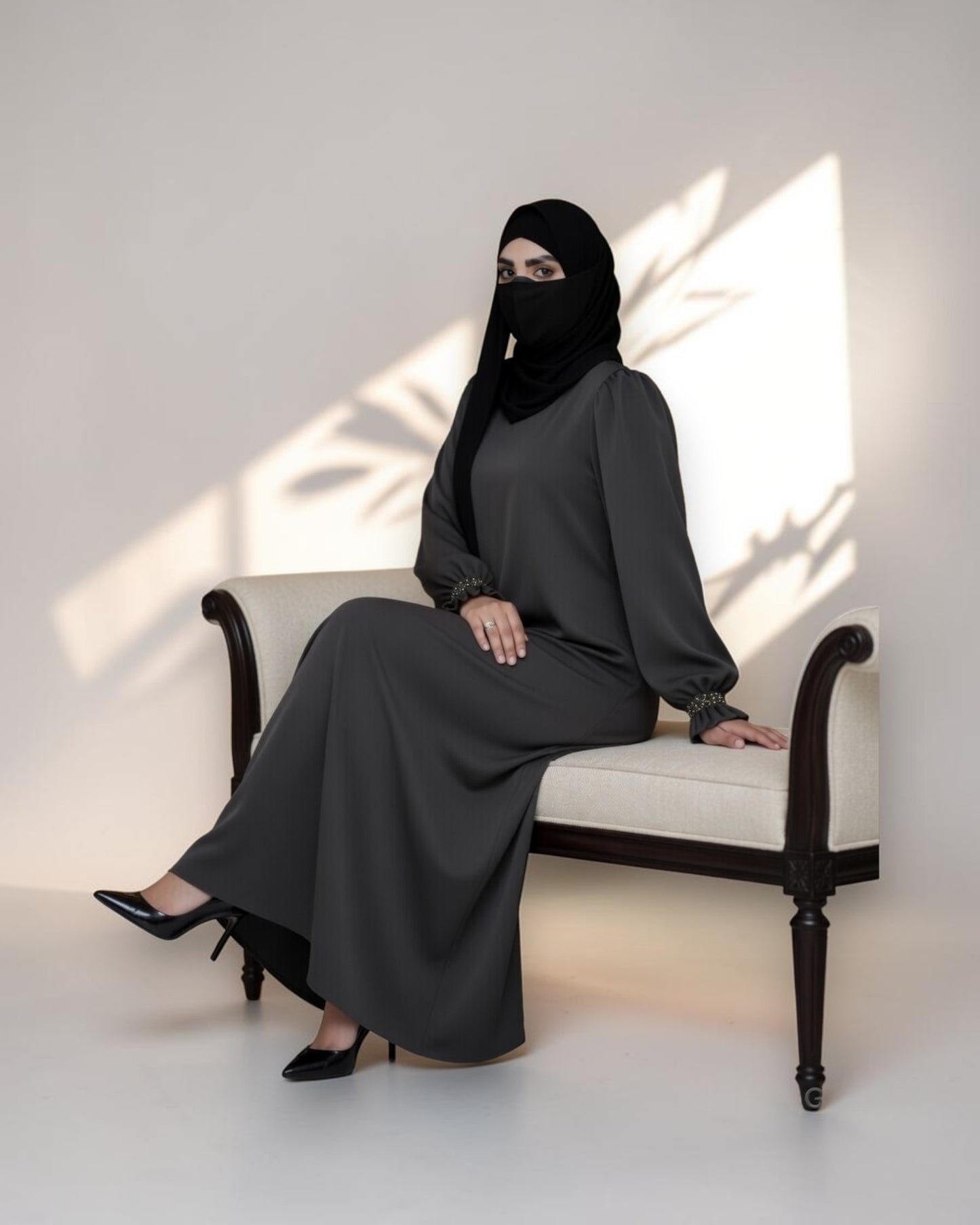 Mahram Charcoal Grey Closed Abaya with Ruffled Beaded Sleeves and Pockets