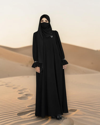Mahram Black Praada Closed Abaya with Crystal Bell Sleeves and Pockets