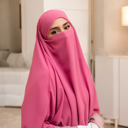 Bashariya Pink Color Two-Layer Triangle Prayer Khimar Hijab with Attached Mouthpiece | Ready-to-Wear with Tie-Back Design in Soft Georgette Fabric Wear with Tie-Back Design in Soft Georgette Fabric