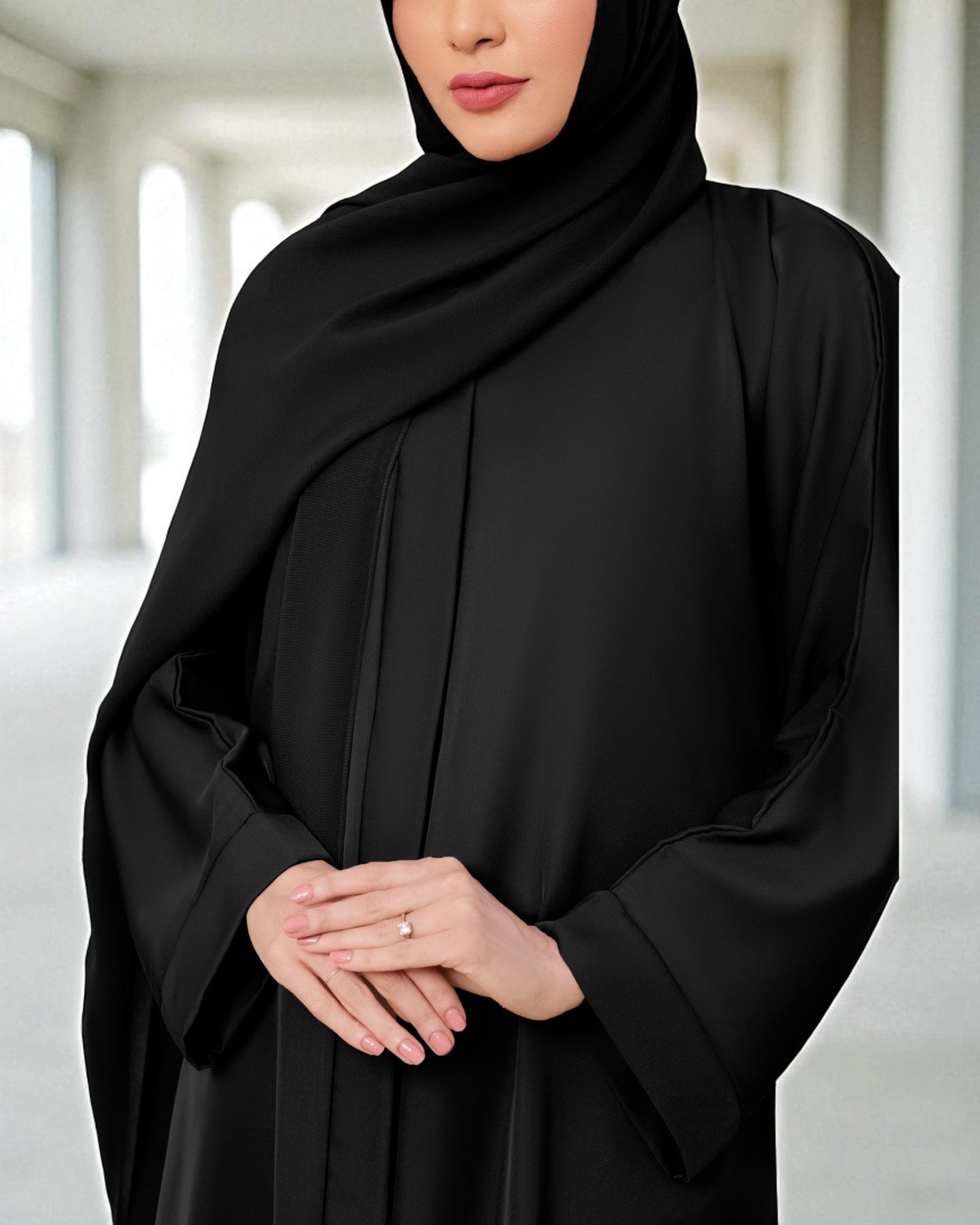 Front Open Burqa in Firdaus Fabric with Wide Sleeves & Minimal Button Closure