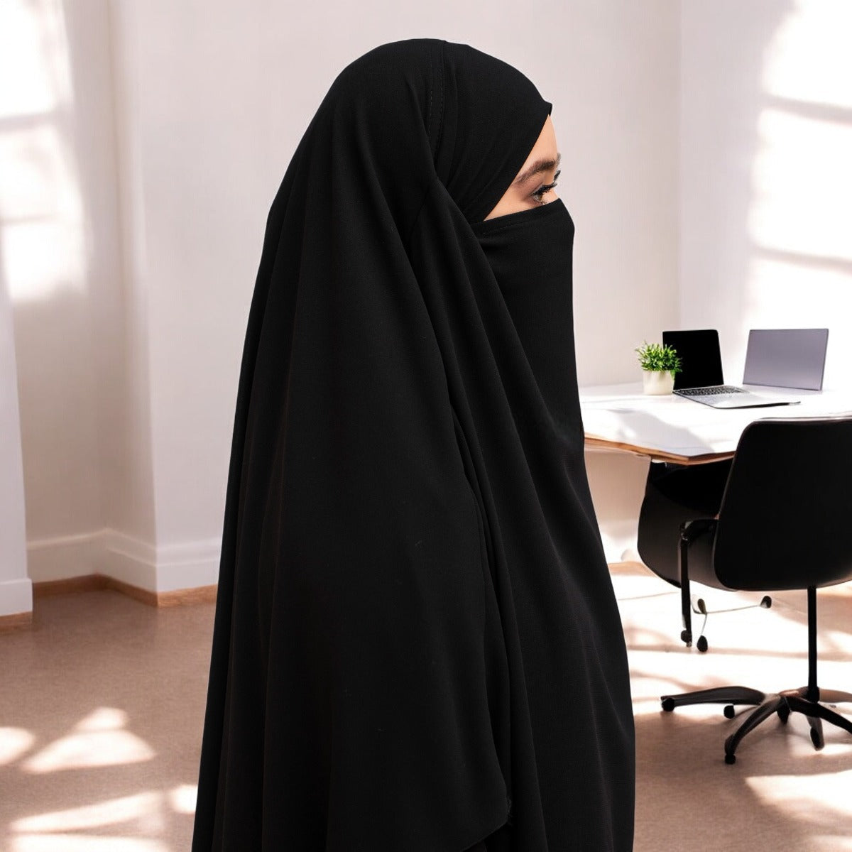Bashariya Black Color Two-Layer Triangle Prayer Khimar Hijab with Attached Mouthpiece | Ready-to-Wear with Tie-Back Design in Soft Georgette Fabric