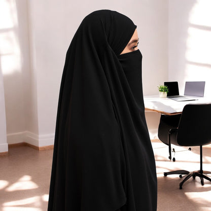 Bashariya Black Color Two-Layer Triangle Prayer Khimar Hijab with Attached Mouthpiece | Ready-to-Wear with Tie-Back Design in Soft Georgette Fabric