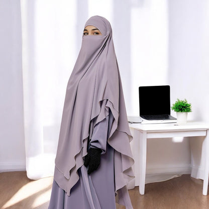 Bashariya Stone Grey  Color Three-Layer Triangular Long Prayer Khimar Hijab with Attached Mouthpiece|Short Jilbab | Ready-to-Wear with Tie-Back Design in Georgette Fabric