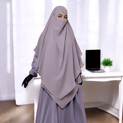 Bashariya Stone Grey  Color Three-Layer Triangular Long Prayer Khimar Hijab with Attached Mouthpiece|Short Jilbab | Ready-to-Wear with Tie-Back Design in Georgette Fabric
