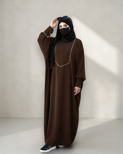 Free Size Kaftan with White Piping, Zipper Opening & Cuffed Sleeves in Premium Fabric, Includes Hijab