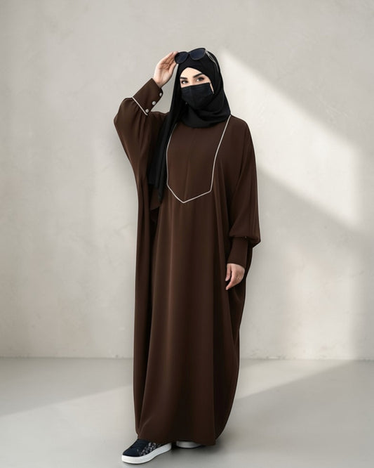 Free Size Kaftan with White Piping, Zipper Opening & Cuffed Sleeves in Premium Fabric, Includes Hijab