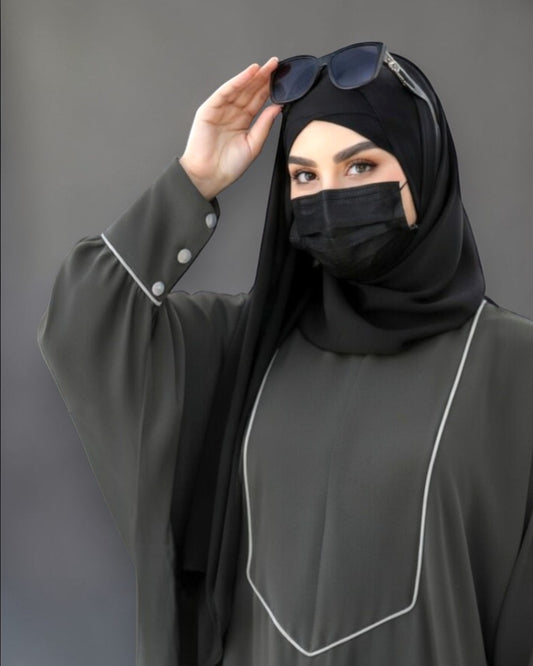 Free Size Kaftan with White Piping, Zipper Opening & Cuffed Sleeves in Premium Fabric, Includes Hijab