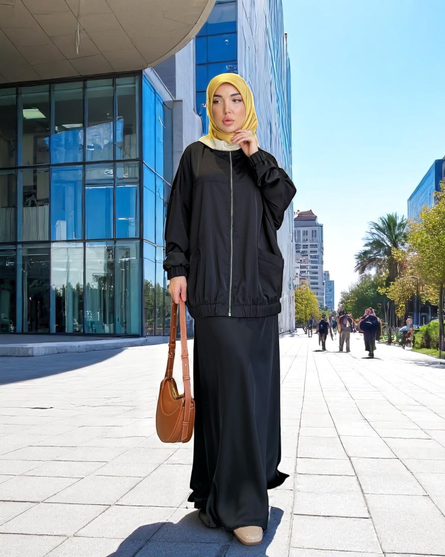 Premium Three-Piece Abaya Set in Tiktok Fabric with Zipper Jacket & Hijab