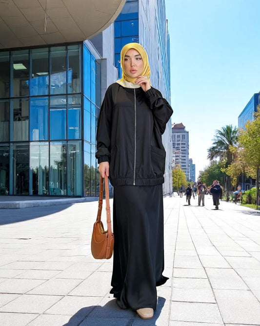 Premium Three-Piece Abaya Set in Tiktok Fabric with Zipper Jacket & Hijab