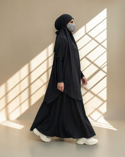 Elegant Two Piece Jilbab Set in Flow Crepe Fabric with Flared Skirt and Full Size Khimar
