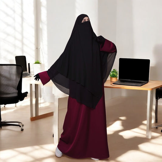Bashariya Black Color Three-Layer Triangular Long Prayer Khimar Hijab with Attached Mouthpiece|Short Jilbab