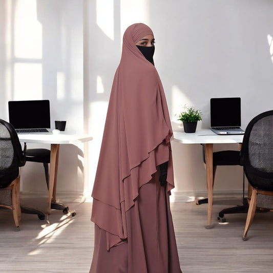 Bashariya Puce Pink Color Three-Layer Triangular Long Prayer Khimar Hijab with Attached Mouthpiece|Short Jilbab