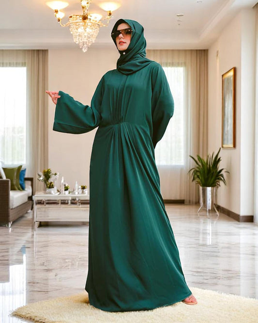 Designer Modest Dress in Armani Satin with Flared Sleeves & Matching Hijab