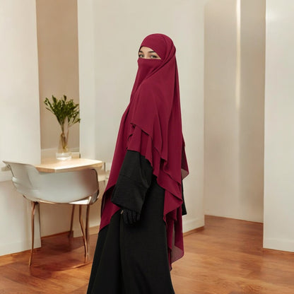 Bashariya Maroon Color Two-Layer Triangle Prayer Khimar Hijab with Attached Mouthpiece | Ready-to-Wear with Tie-Back Design in Soft Georgette Fabric