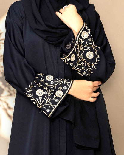 Black Praada Front-Open Mahram-Embroidered Burqa with Sleeve Embellishments