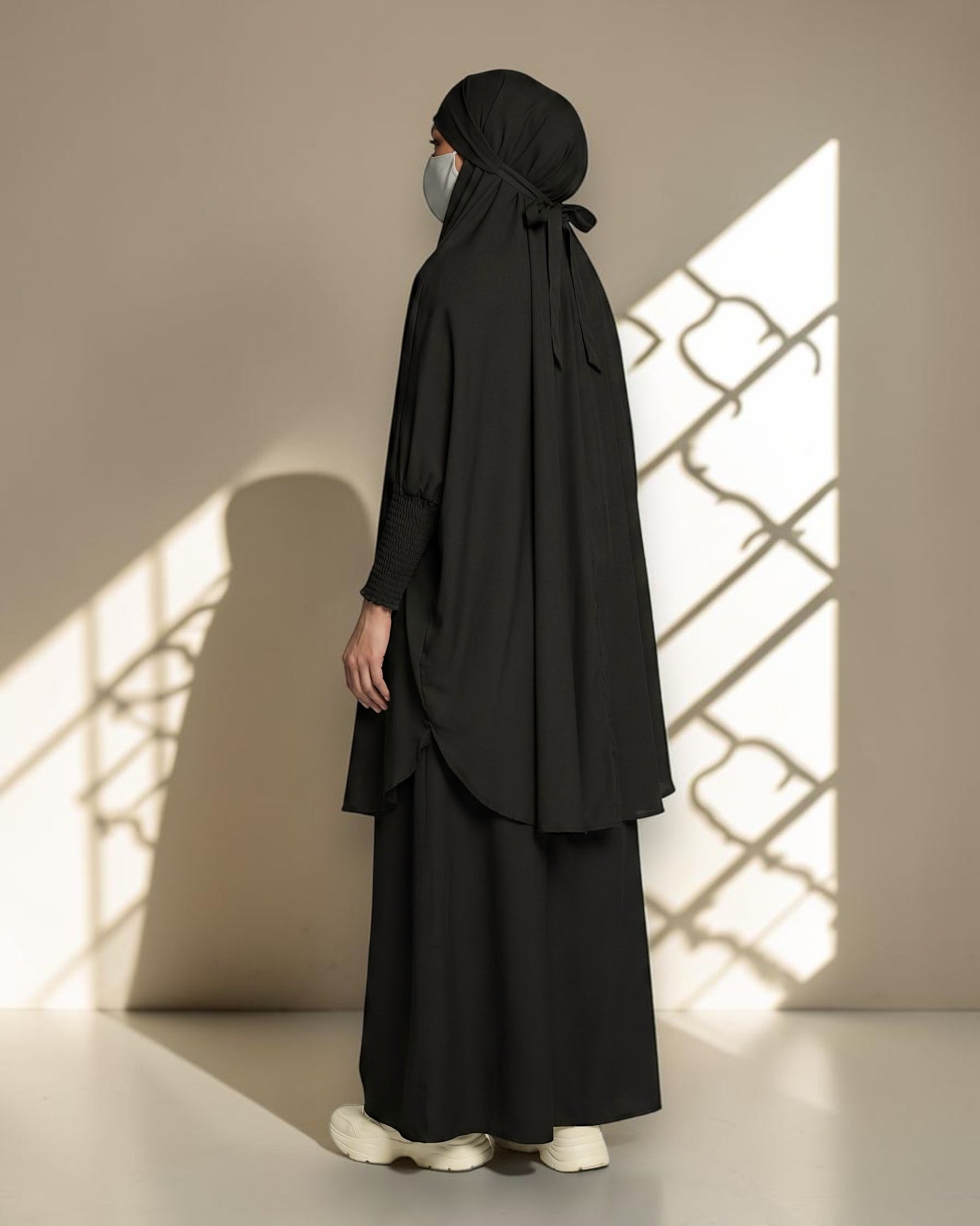 Elegant Two Piece Jilbab Set in Flow Crepe Fabric with Flared Skirt and Full Size Khimar