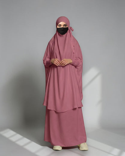 Elegant 2 Piece Jilbab Set in Flow Crepe Fabric with Flared Skirt and Full Size Khimar