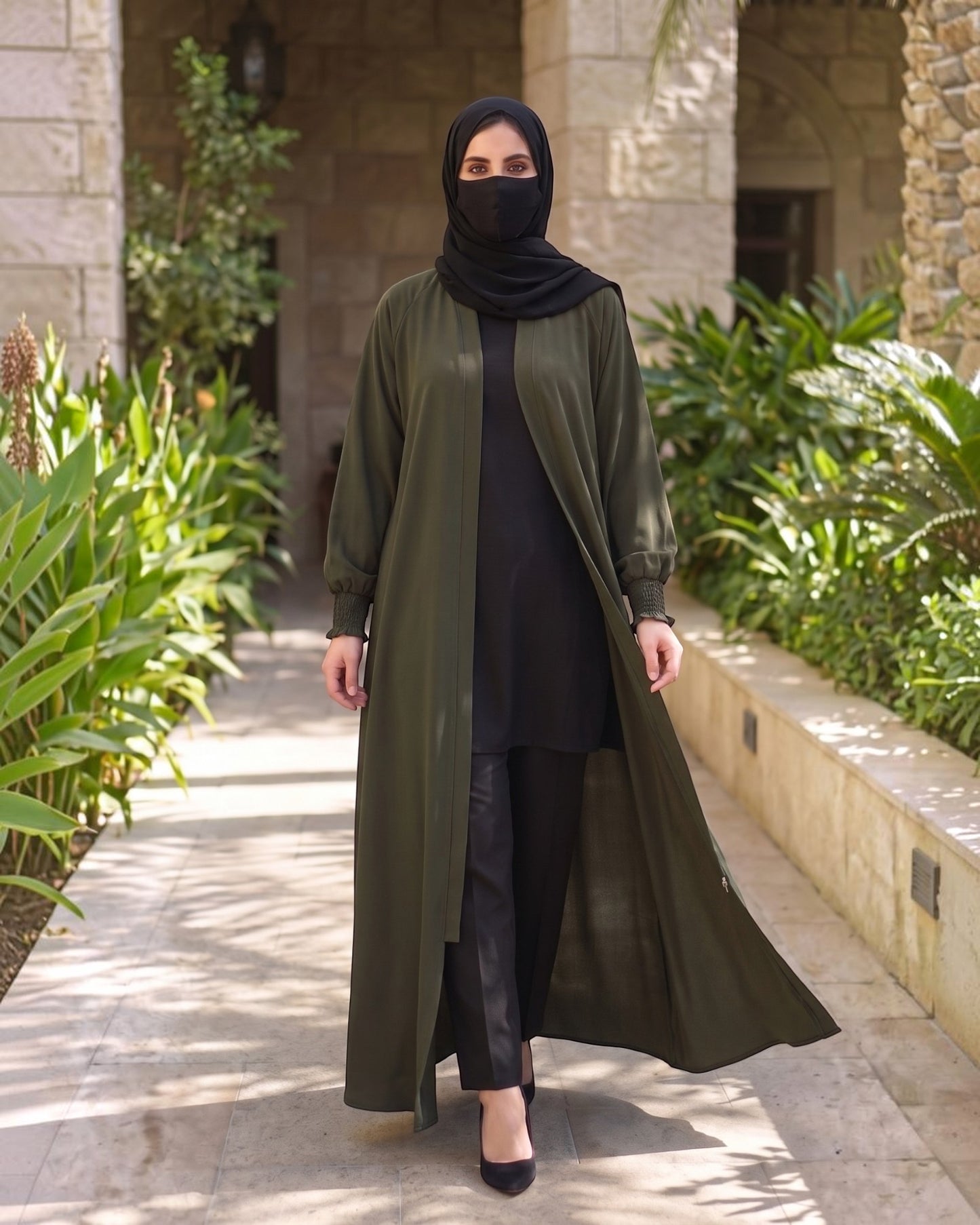 Front Open Abaya with Zipper Opening, Umbrella Flare and Matching Belt