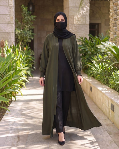 Front Open Abaya with Zipper Opening, Umbrella Flare and Matching Belt