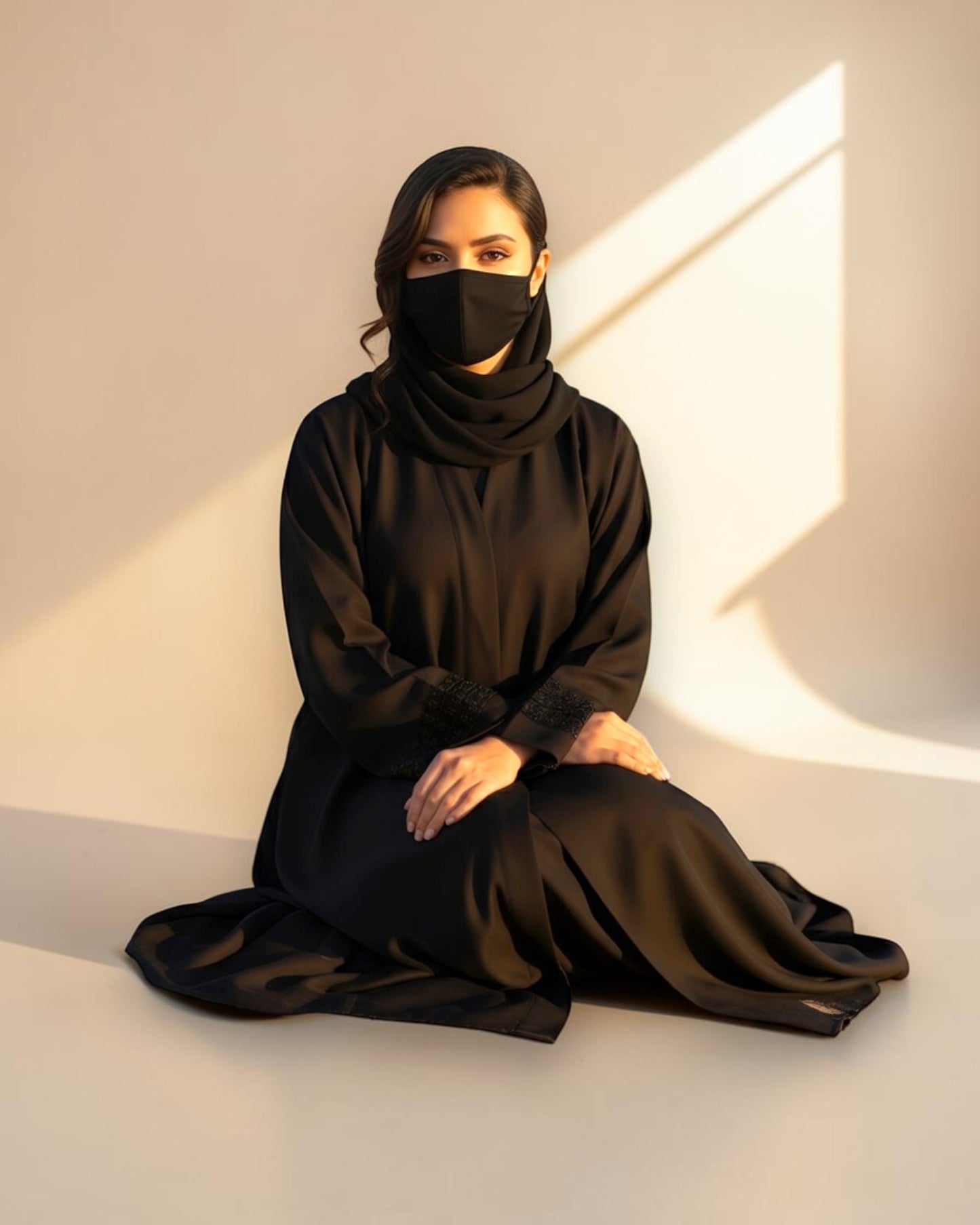 Black Praada Mahram Front-Open Burqa with Side Pockets and Sleeve Embellishments